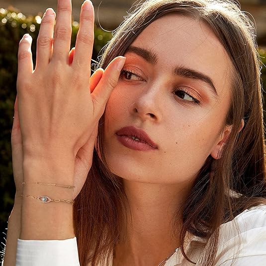 Dainty Gold Bracelets For Women, 14K Gold Filled Adjustable Layered Bracelet Cute Oval Chain  Bar Gold Bracelets For Women Jewelry