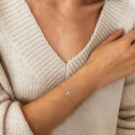 Dainty Gold Bracelets For Women, 14K Gold Filled Adjustable Layered Bracelet Cute Oval Chain  Bar Gold Bracelets For Women Jewelry